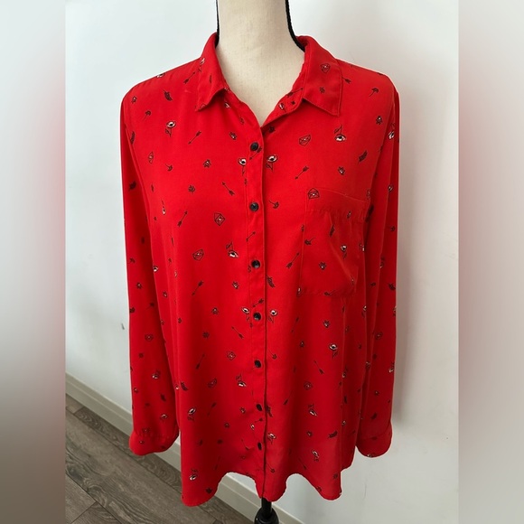 Reitman’s XL Red Button-Up Blouse with Floral Print - Picture 1 of 8